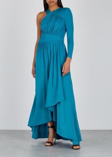 GIVENCHY Blue one-shoulder ruched maxi dress ~ opulent event dresses