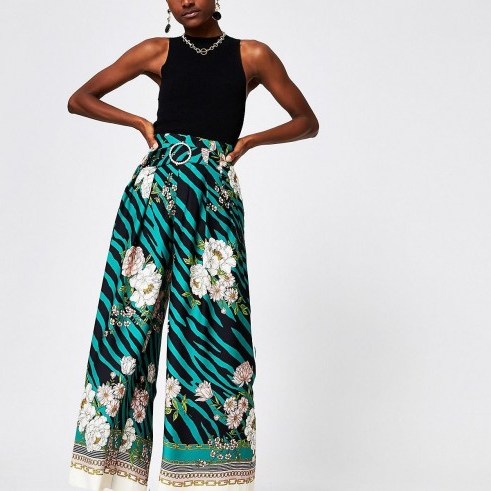 RIVER ISLAND Green printed wide leg trousers / floral pants - flipped