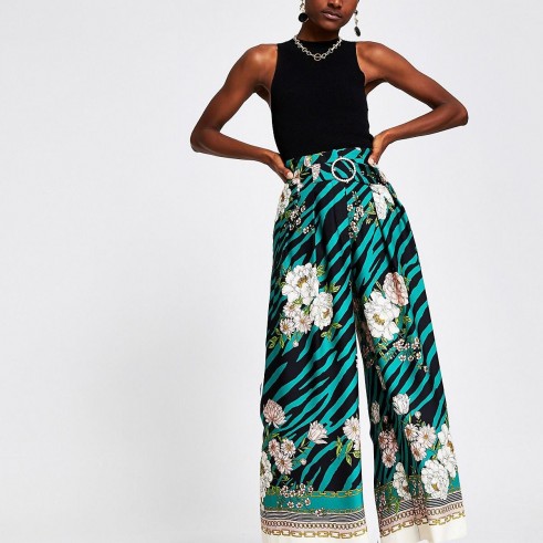 RIVER ISLAND Green printed wide leg trousers / floral pants