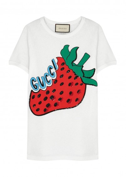 GUCCI White strawberry print cotton T-shirt / design logo tee