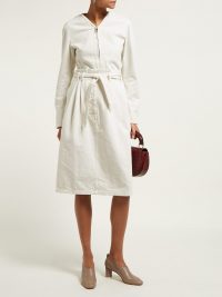 LEMAIRE High-rise pleated-waist denim skirt in ivory-white ~ belted skirts
