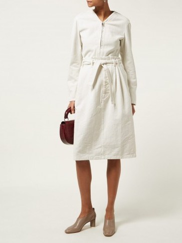 LEMAIRE High-rise pleated-waist denim skirt in ivory-white ~ belted skirts - flipped