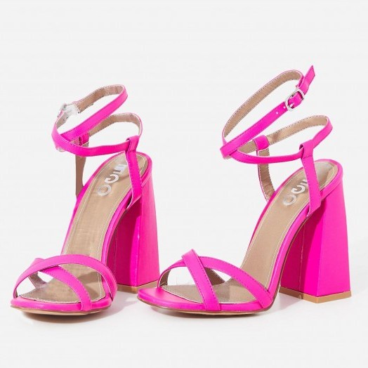 EGO Iris Flared Block Heel In Neon Pink Faux Leather ~ chunky heeled sandals - flipped