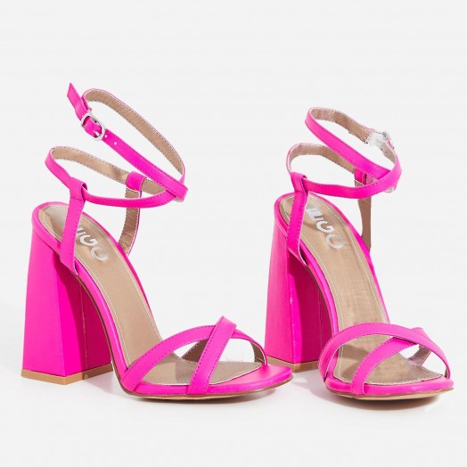 EGO Iris Flared Block Heel In Neon Pink Faux Leather ~ chunky heeled sandals