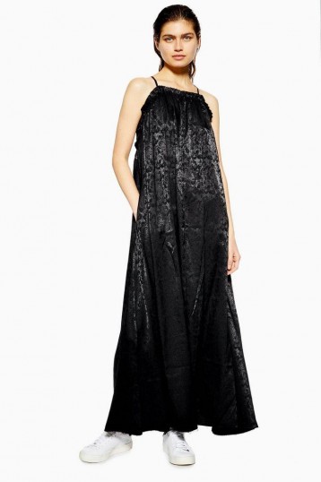 Topshop Boutique Jacquard Ruched Dress in black | strappy back maxi