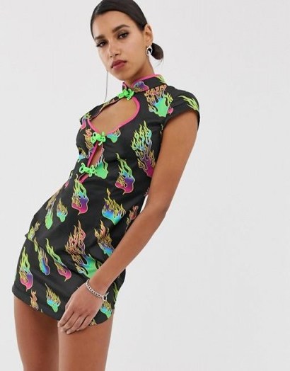 Jaded London open front mini dress in flame print in black | plunging keyhole neckline - flipped