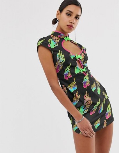 Jaded London open front mini dress in flame print in black | plunging keyhole neckline