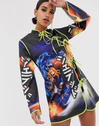 Jaded London tie front dress with anime graphics in black | oriental style fashion