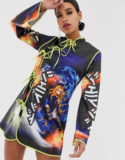 Jaded London tie front dress with anime graphics in black | oriental style fashion - flipped