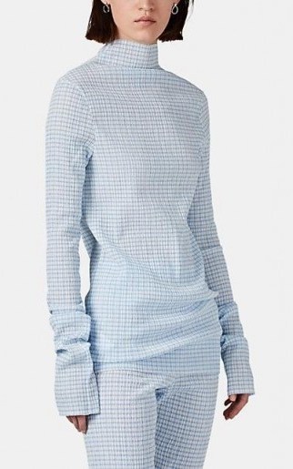 JIL SANDER Gingham Plissé Mock-Turtleneck Top in Blue ~ effortless style clothing - flipped