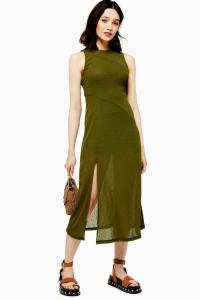 Topshop Khaki Sleeveless Mesh Midi Dress | green sleeveless semi sheer summer frock