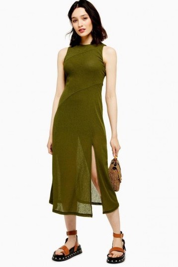 Topshop Khaki Sleeveless Mesh Midi Dress | green sleeveless semi sheer summer frock - flipped