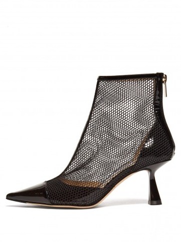 JIMMY CHOO Kix 65 mesh and patent-leather ankle boots in black / curved heel point toe bootie - flipped