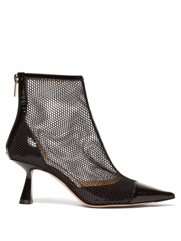 JIMMY CHOO Kix 65 mesh and patent-leather ankle boots in black / curved heel point toe bootie