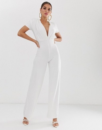 Koco & K soft touch ruched wide leg jumpsuit in white | plunging jumpsuits - flipped
