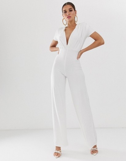 Koco & K soft touch ruched wide leg jumpsuit in white | plunging jumpsuits