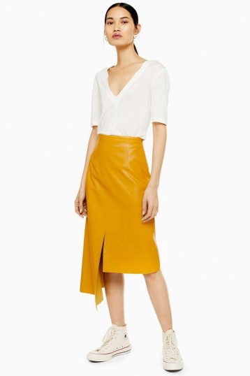 Topshop Boutique Leather Step Hem Skirt in Banana | yellow side draped skirts