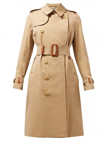 BURBERRY Leather trim cotton-gabardine trench coat in beige ~ classic coats - flipped