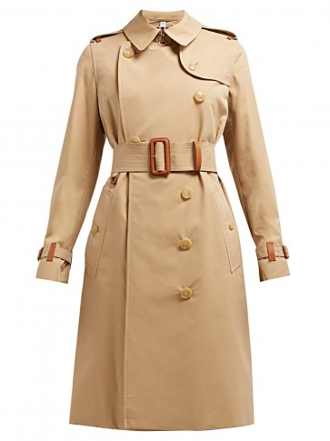 BURBERRY Leather trim cotton-gabardine trench coat in beige ~ classic coats