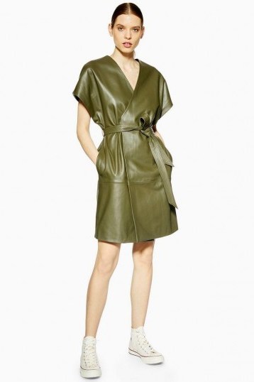 Topshop Boutique Leather Wrap Dress in Khaki | contemporary luxe - flipped