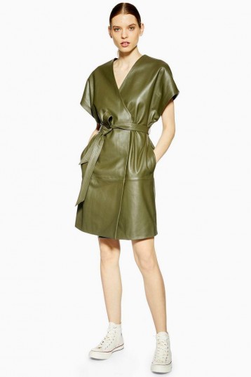 Topshop Boutique Leather Wrap Dress in Khaki | contemporary luxe