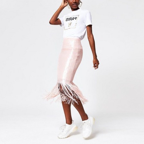 RIVER ISLAND Light pink sequin tassel pencil skirt – fringed skirts - flipped