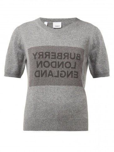 BURBERRY Logo-knit round-neck cashmere T-shirt in grey / casual luxe / knitted tee - flipped