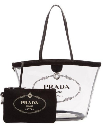 PRADA Logo-print clear PVC tote in black | transparent designer bags