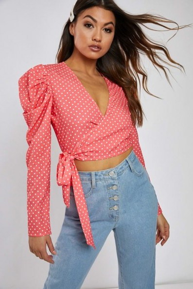 LORNA LUXE ‘DON’T SPEAK’ POLKA DOT ROSE WRAP TOP – pink puff sleeved blouse - flipped