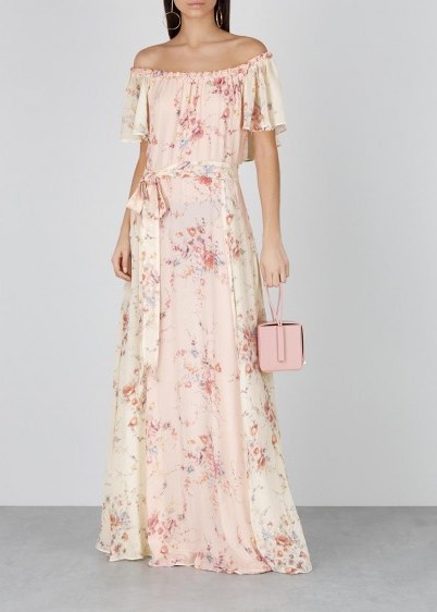 LOVESHACKFANCY Evelyn floral-print silk maxi dress in pale-pink and ivory / feminine summer event wear - flipped