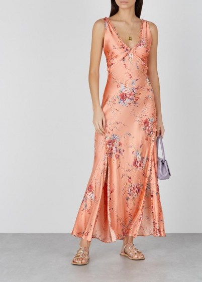 LOVESHACKFANCY Kendall floral-print silk maxi dress in peach / silky bow back dresses - flipped