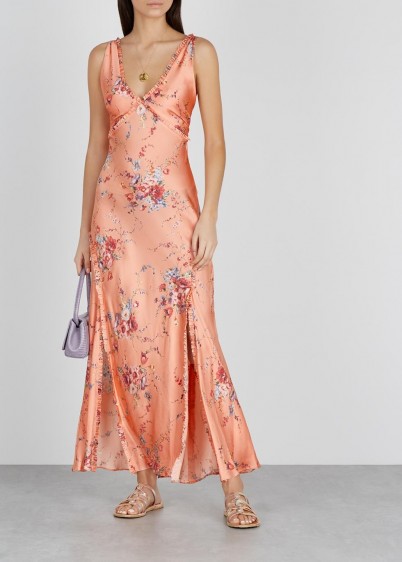 LOVESHACKFANCY Kendall floral-print silk maxi dress in peach / silky bow back dresses