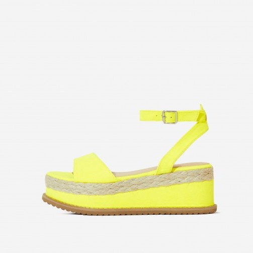 EGO Lucie Espadrille Flatform In Neon Yellow Faux Suede ~ bright strappy flatforms - flipped
