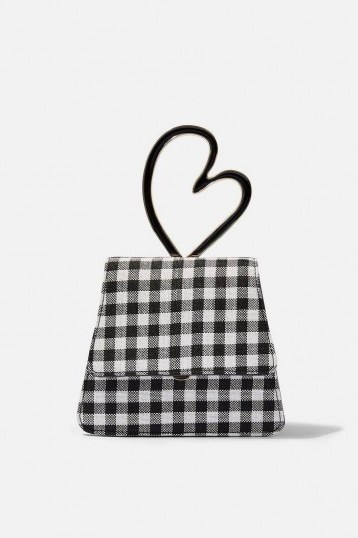 MABLE Gingham Heart Mini Bag in monochrome | small black and white checked bags | cute heart handle handbag - flipped