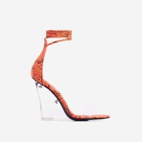 EGO Magnetic Lace Up Perspex Wedge Heel In Orange Snake Print Faux Leather – clear heels
