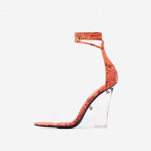 EGO Magnetic Lace Up Perspex Wedge Heel In Orange Snake Print Faux Leather – clear heels - flipped