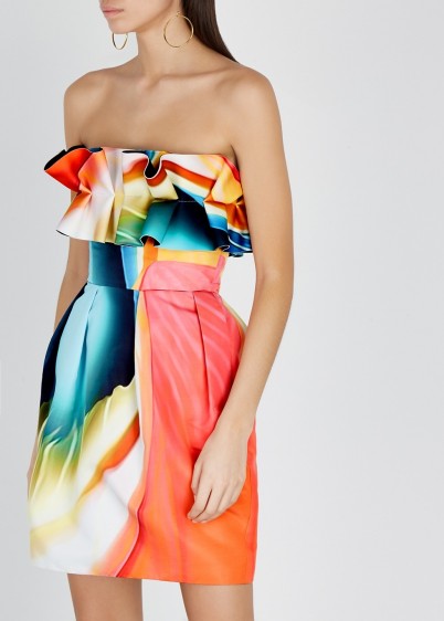 MARY KATRANTZOU Ennion printed satin mini dress | strapless multicolored party dresses