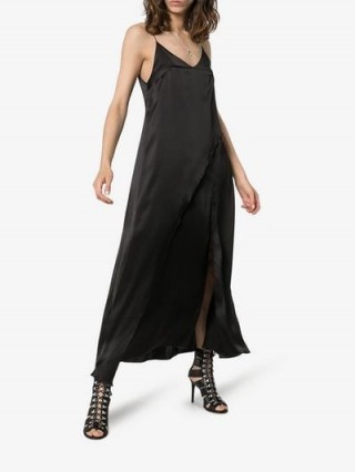 Matériel Split Front Maxi Dress in black | asymmetric front slip dresses