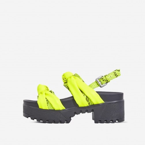 EGO Micky Snake Print Detail Chunky Sole Sandal In Neon Green Faux Leather ~ summer slingbacks - flipped