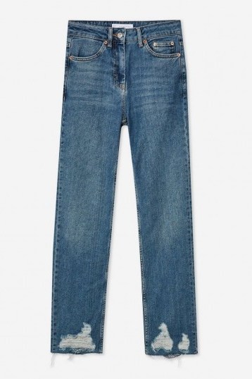 Topshop Mid Blue Laddered Hem Straight Jeans in Mid Stone | high rise | raw hemline - flipped