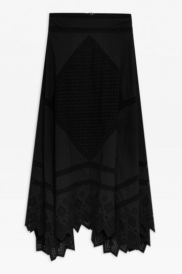 Topshop Mixed Broderie Midi Skirt in Black | summer peasant skirts