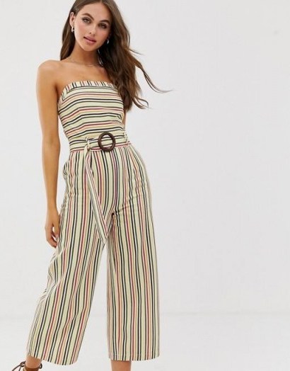 Moon River bandeau jumpsuit with waist belt in multi stripe | retro summer fashion | 70s style strapless jumpsuits - flipped