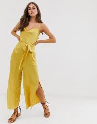 Moon River sleeveless long jumpsuit in marigold | yellow skinny-strap summer jumpsuits | split leg detail | cowl neckline