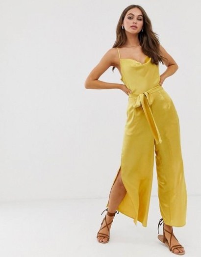Moon River sleeveless long jumpsuit in marigold | yellow skinny-strap summer jumpsuits | split leg detail | cowl neckline - flipped