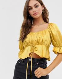 Moon River sweetheart ruffle detail top in marigold | yellow gathered square neck tops | boho summer fashion