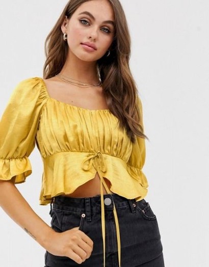 Moon River sweetheart ruffle detail top in marigold | yellow gathered square neck tops | boho summer fashion - flipped