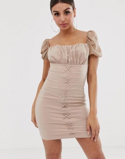 NaaNaa ruched mini dress with lace up front in light-camel | gathered square neck bodycon frock
