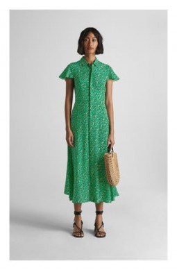 WHISTLES Ditsy Blossom Midi Shirt Dress Green / Multi ~ flutter sleeve spring dresses - flipped