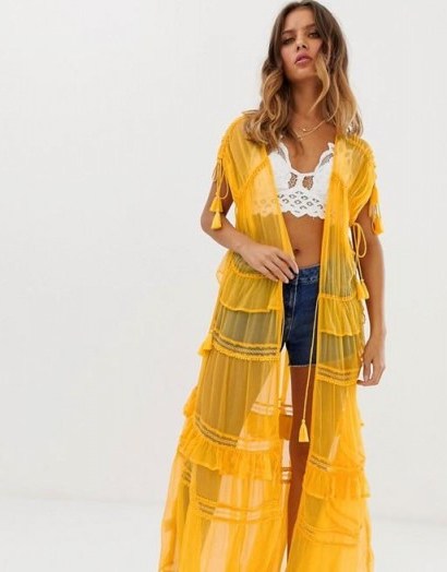 NFC Capri maxi kimono with lace in marigold combo | long sheer yellow jacket - flipped