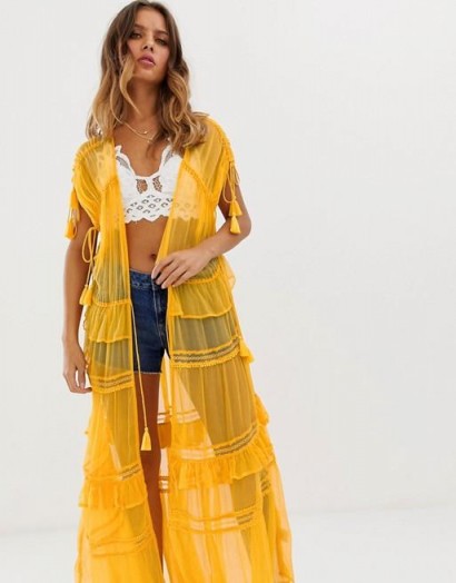 NFC Capri maxi kimono with lace in marigold combo | long sheer yellow jacket
